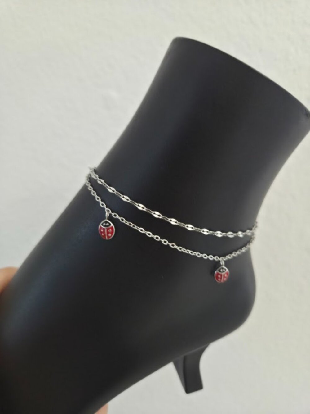 Dainty Ladybug Double Chain Anklet Silver Tone Minimalist Summer Jewelry - Picture 10 of 15